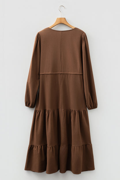 Solid Long Sleeve Button V Neck Tiered Maxi Dress