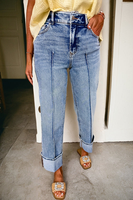 Myosotis Center Seam Cuffed Hem Straight Jeans