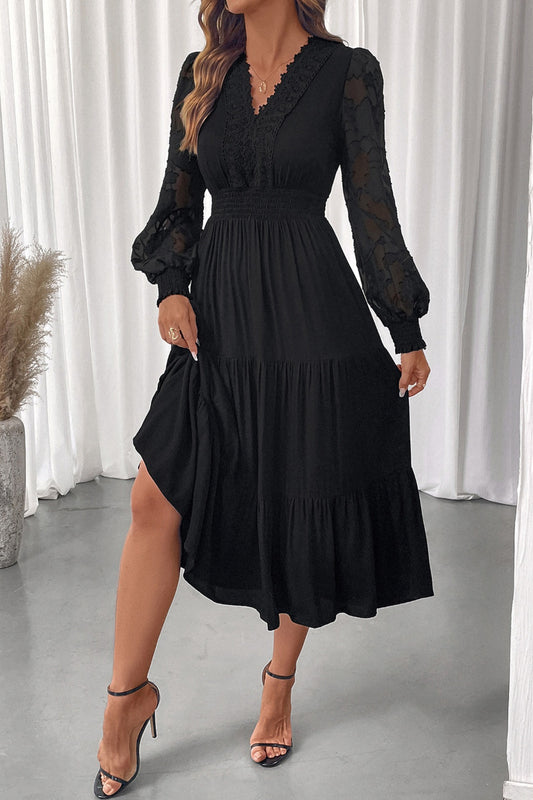 Fall Winter Elegant V Neck Long Sleeve Midi Dress