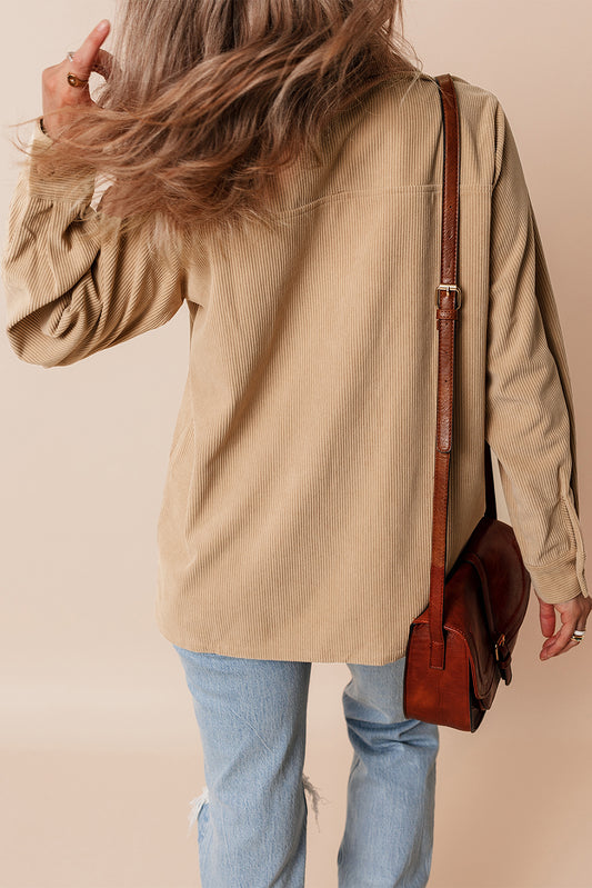 Light French Solid Frilled Flap Pocket Button Up Corduroy Shacket