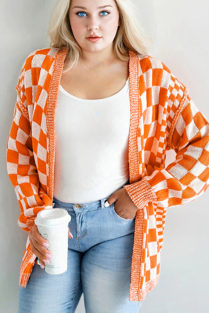 Checkered Bubble Sleeve Drop Shoulder Open Cardigan