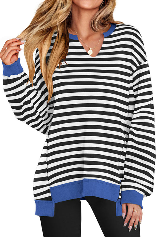 Womens Striped V Neck Pullover Sweatshirt Top