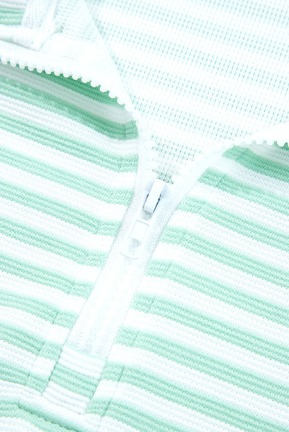 Stripe Quarter Zip Collar Pullover Long Sleeve Top
