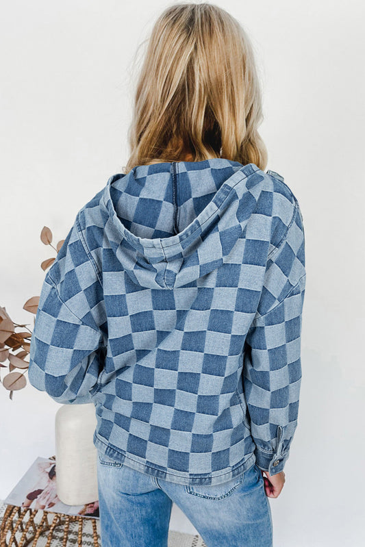 Checkerboard Quarter Zip Kangaroo Pocket Denim Top