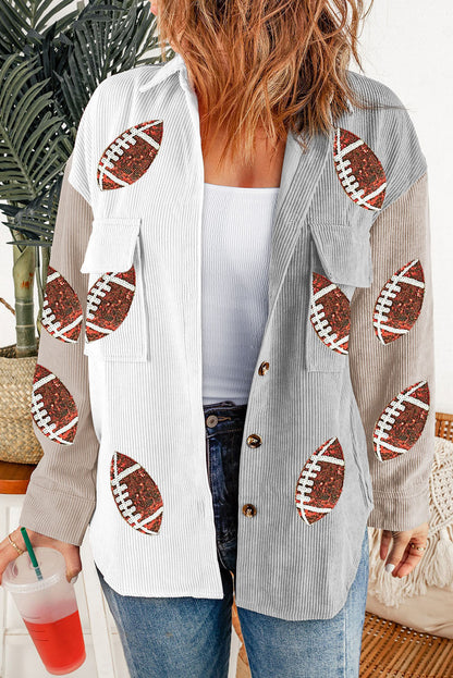 White Sequin Football Print Corduroy Shacket for Thanksgiving