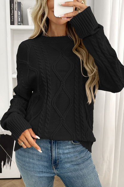 Women Cable Knit Crew Neck Pullover Sweater