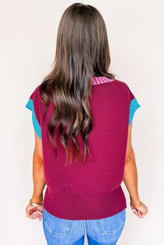 Burgundy Colorblock V Neck Short Sleeve Loose Sweater