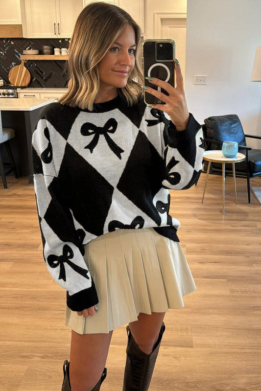 Bow Print Colorblock Rhombus Knit Sweater
