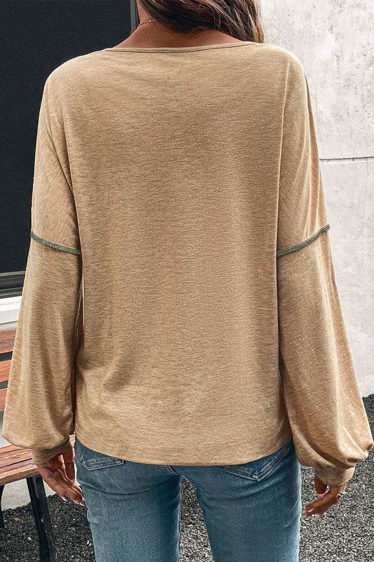 Colorblock V Neck Exposed Stitch Long Sleeve Top
