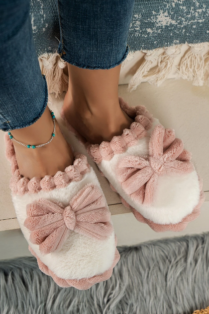 Bow Decor Color Block Ribbed Plush Slippers