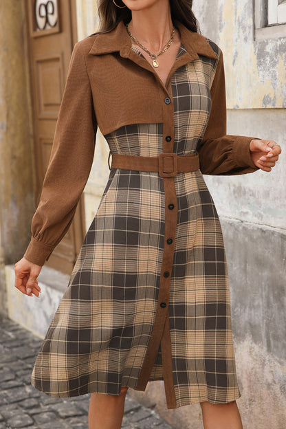 Plaid Patchwork Belted Shirt Collar Midi Dress