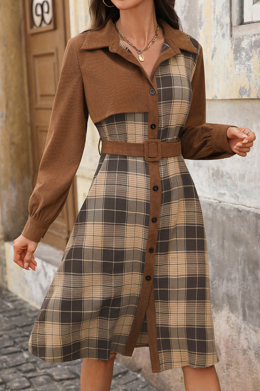 Plaid Patchwork Belted Shirt Collar Midi Dress