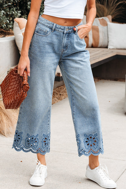 Embroidered Eyelet Wide Leg Cropped Jeans