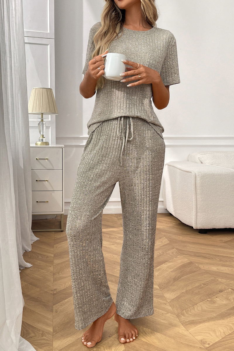 Women’s Casual Ribbed Pajama Set, Short Sleeve Pants