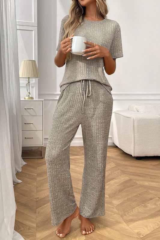 Women’s Casual Ribbed Pajama Set, Short Sleeve Pants