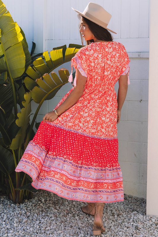 Floral Print Tasseled Tied Sleeve Maxi Dress