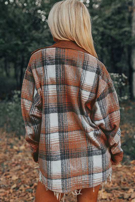Plaid Corduroy Colorblock Shacket with Chest Pocket
