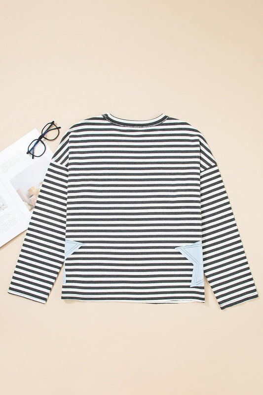 Gray Stripe Knit Top with Star Patch Detail