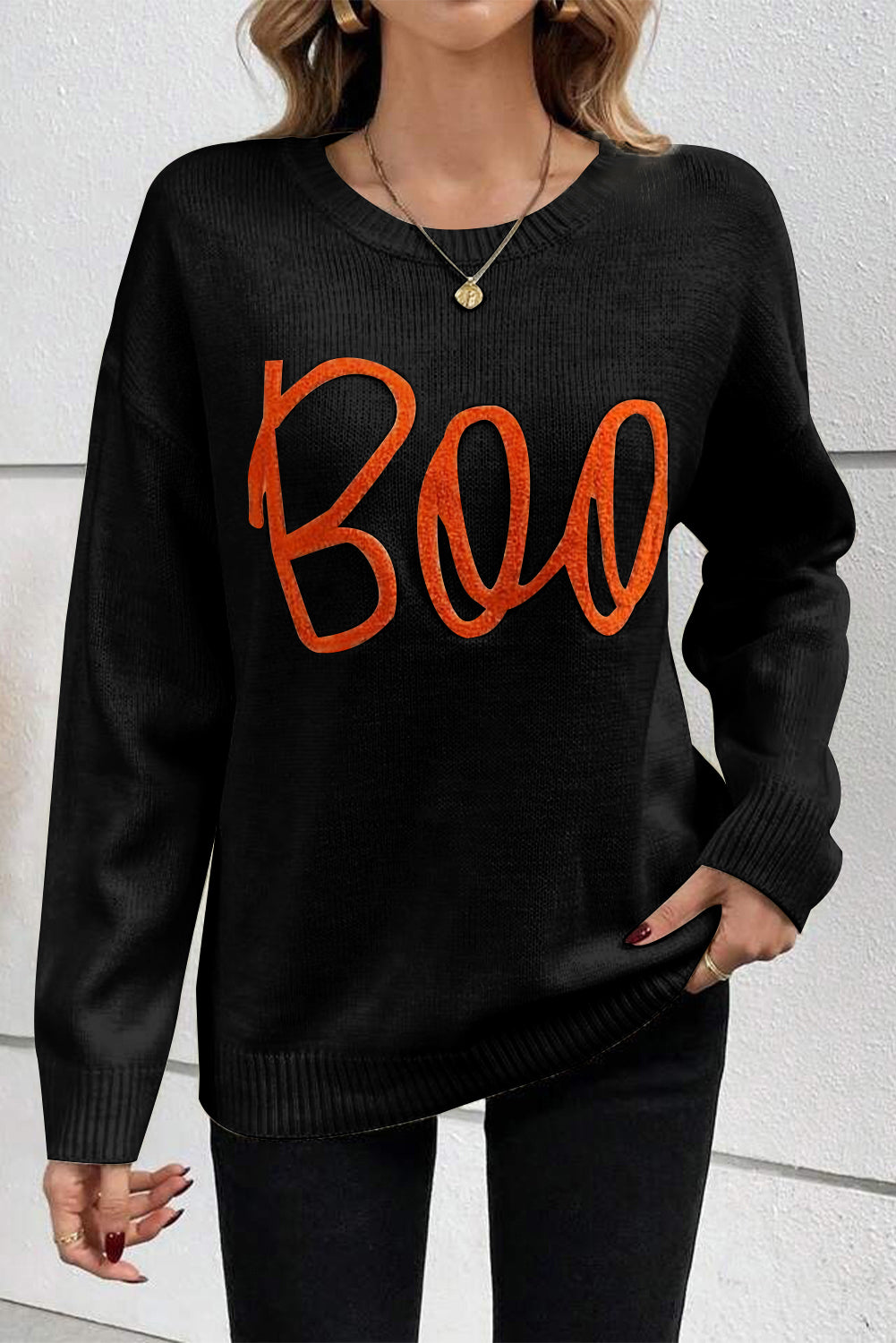 Boo Knitted Pattern Ribbed Edge Drop Sweater