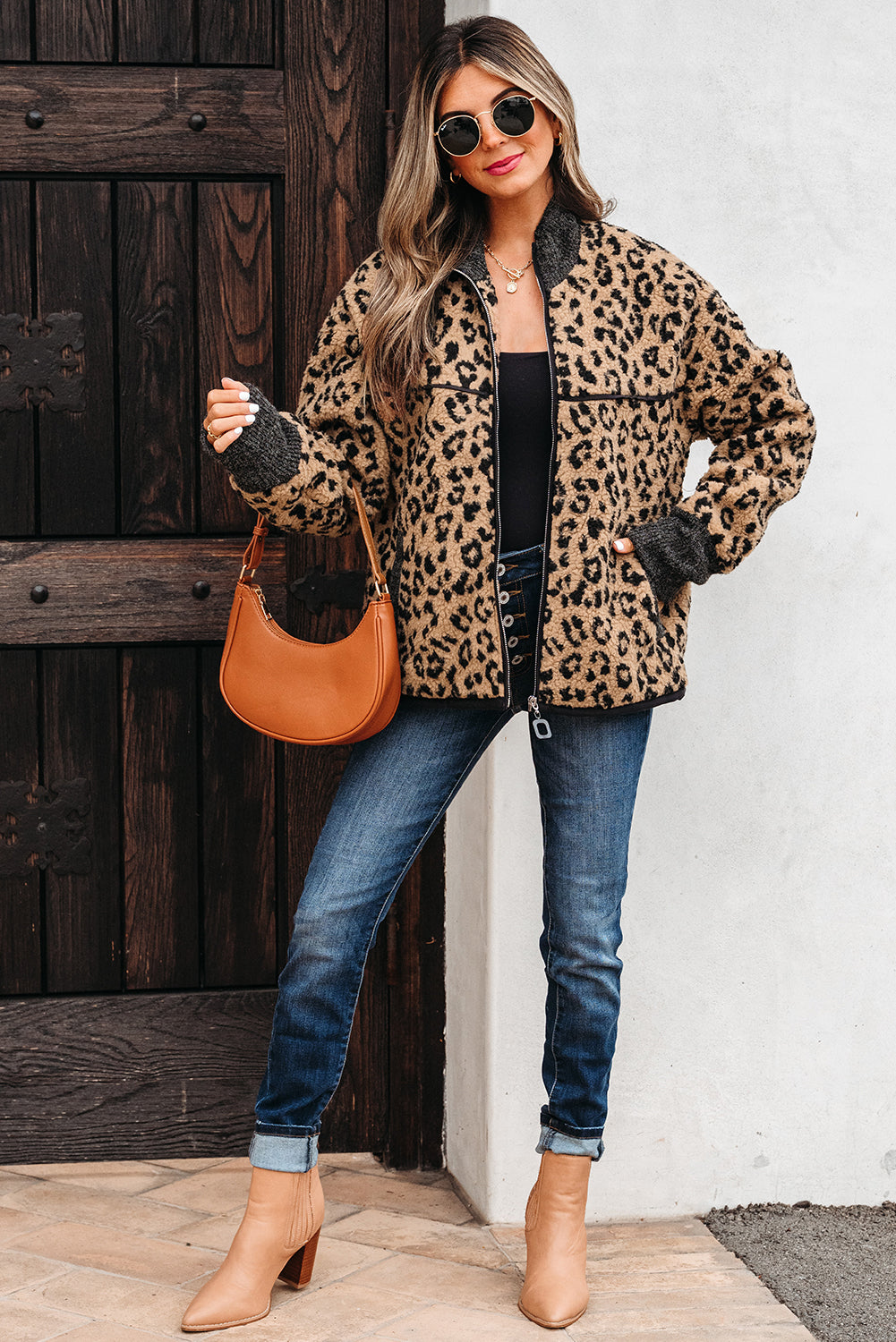 Leopard Zip Up Stand Collar Fall Jacket