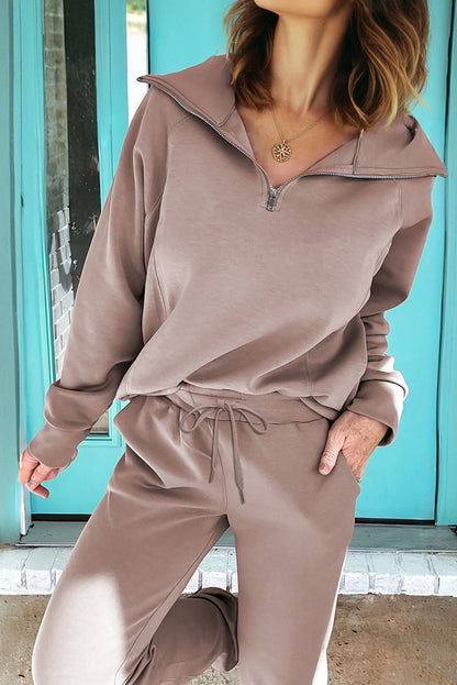 Collar Long Sleeve Zip Top and Drawstring Pants Set