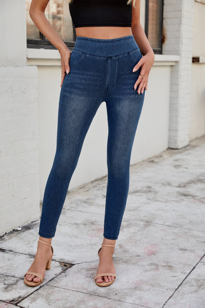 Multiple Pockets Straight Leg Washed Stretchy Knit Casual Jeans