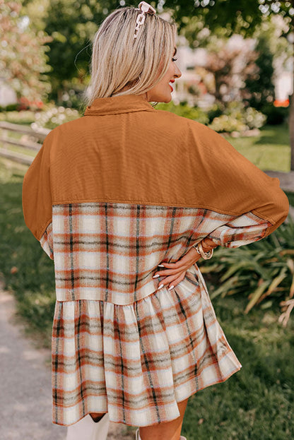 Plaid Color Block Button Up Tunic Shirt Dress