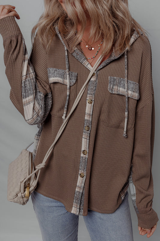 Plaid Patchwork Button Down Hooded Waffle Shacket