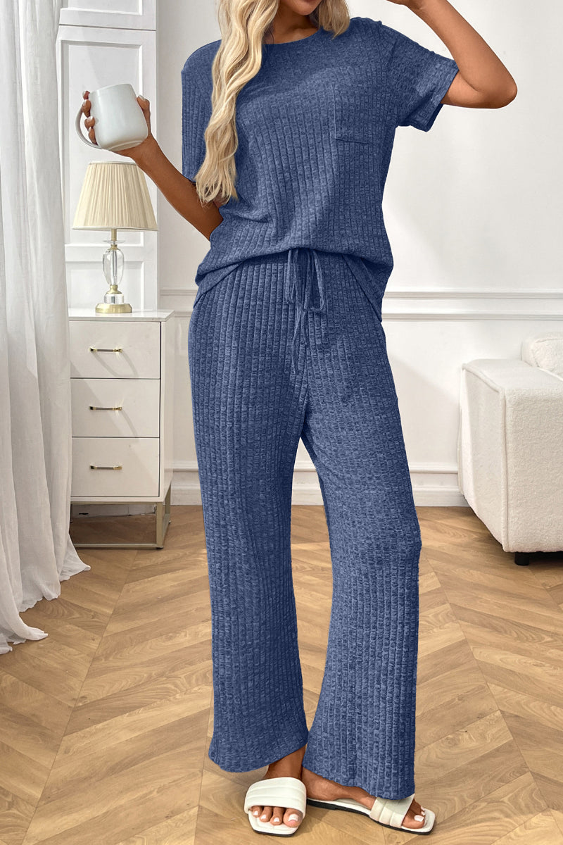 Women’s Casual Ribbed Pajama Set, Short Sleeve Pants