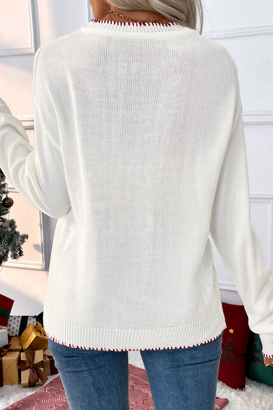 Bow Pattern Contrast Trim Christmas Loose Sweater