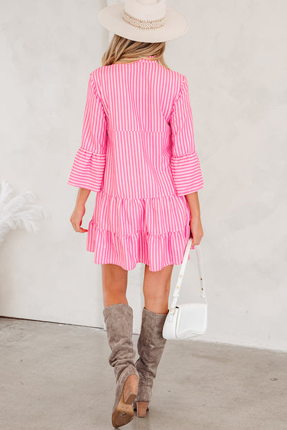 Pink Stripe V Neck Flare Sleeve Mini Dress