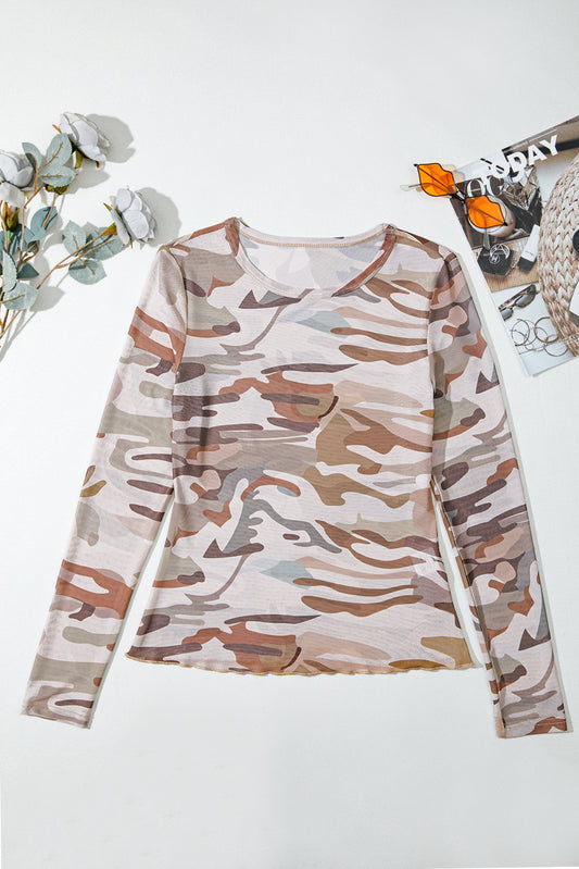 Western Camouflage Mesh Sheer Long Sleeve Top