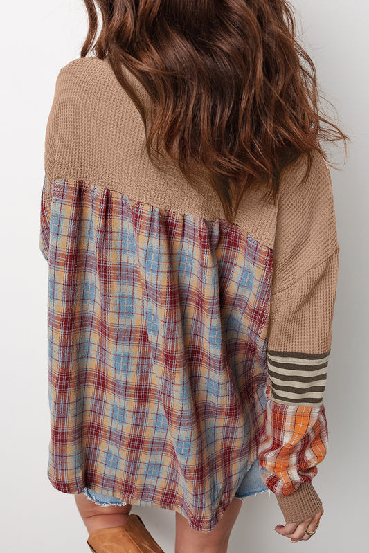 Waffle Knit Henley Top with Plaid Patchwork Sleeves