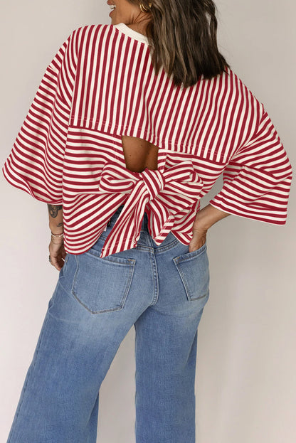 Striped Bow Back Cutout Wide Sleeve Loose Top