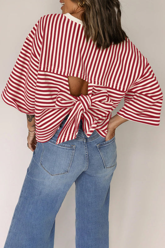 Striped Bow Back Cutout Wide Sleeve Loose Top