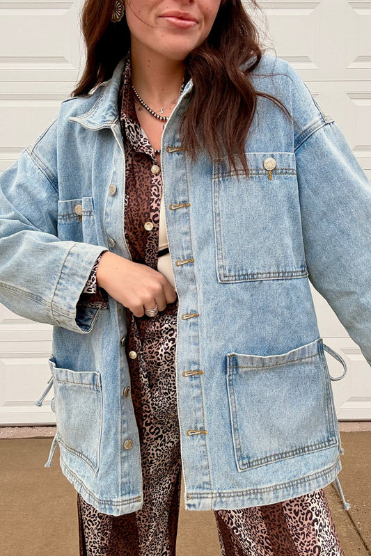 Beau Blue Side Tie Denim Jacket with Multi Pockets