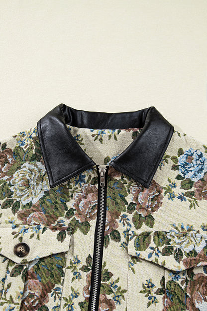 Floral Print Zip Up Contrast Collared Jacket