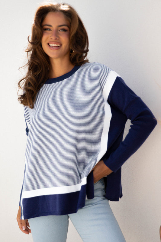 Stripe Color Block Patchwork Dolman Oversize Tunic Sweater