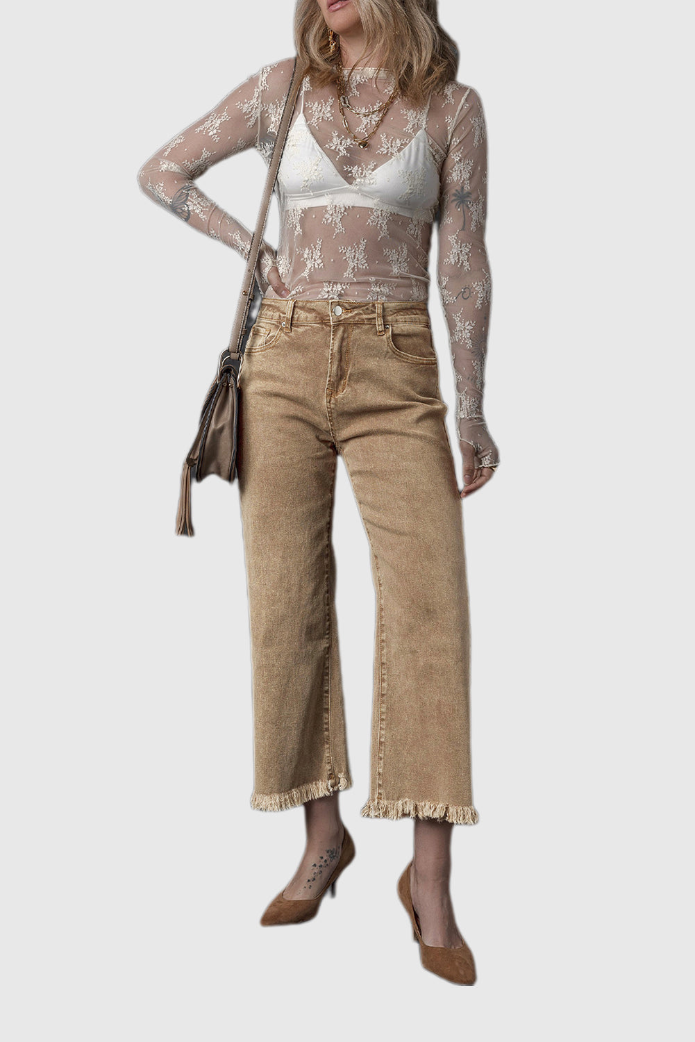 High Waisted Wide Leg Jeans in Light French Beige
