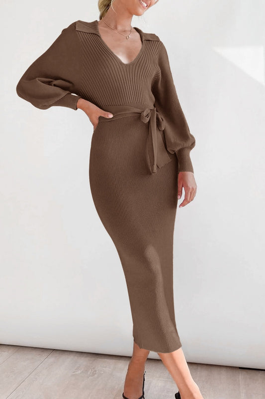 Elegant V Neck Lantern Sleeve Knit Belted Midi Sweater Dress