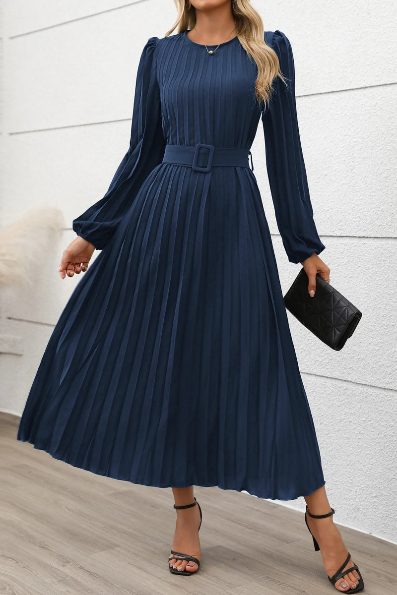 Elegant Fall Pleated Long Sleeve Belted Midi Dress