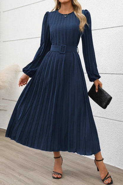 Elegant Fall Pleated Long Sleeve Belted Midi Dress