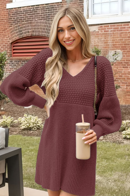 V Neck Long Sleeve Knit Sweater Dress with Balloon Sleeves