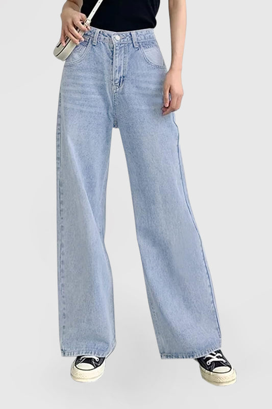 Women's High Waisted Loose Jeans Stretch Zipper Wide Leg Pants