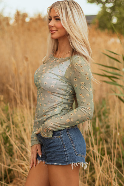 Pink Vintage Floral Print Southern Style Mesh Long Sleeve Top