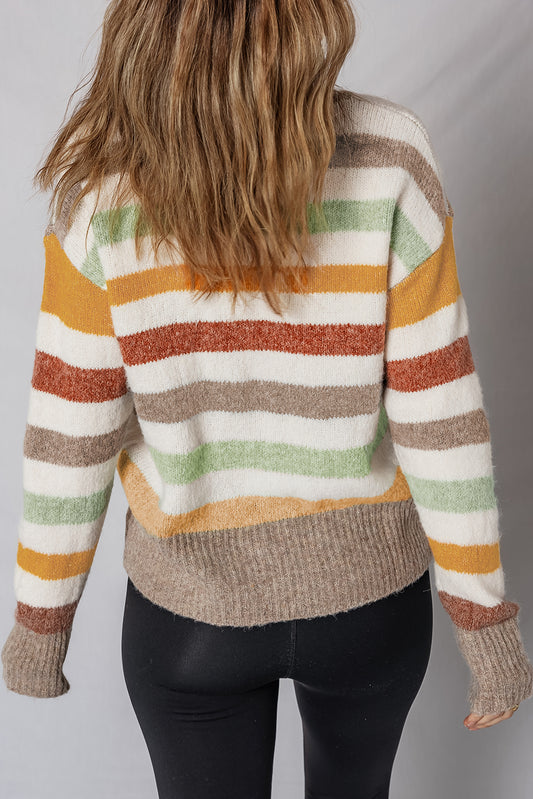 Striped Drop Shoulder Crew Neck Colorblock Sweater