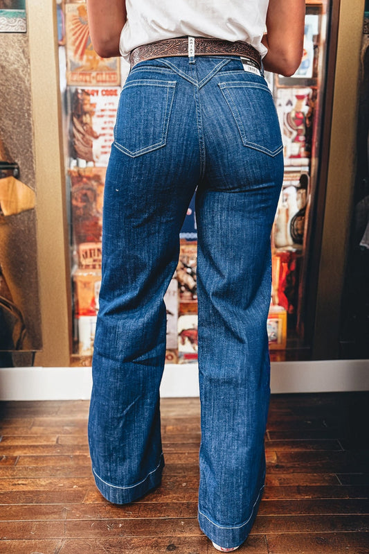 High Waist Flared Jeans with Stitched Pocket Detail