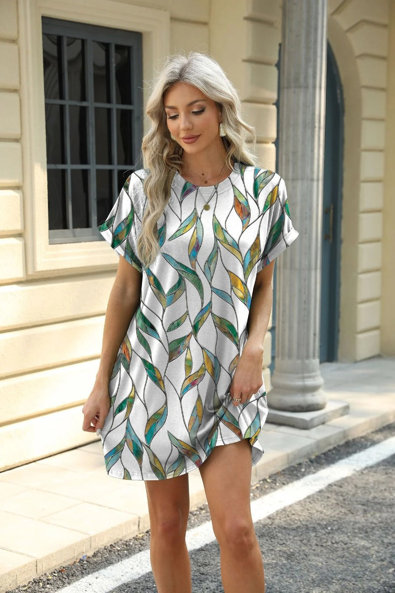 Floral Print Crew Neck Short Sleeve Pocket Dress