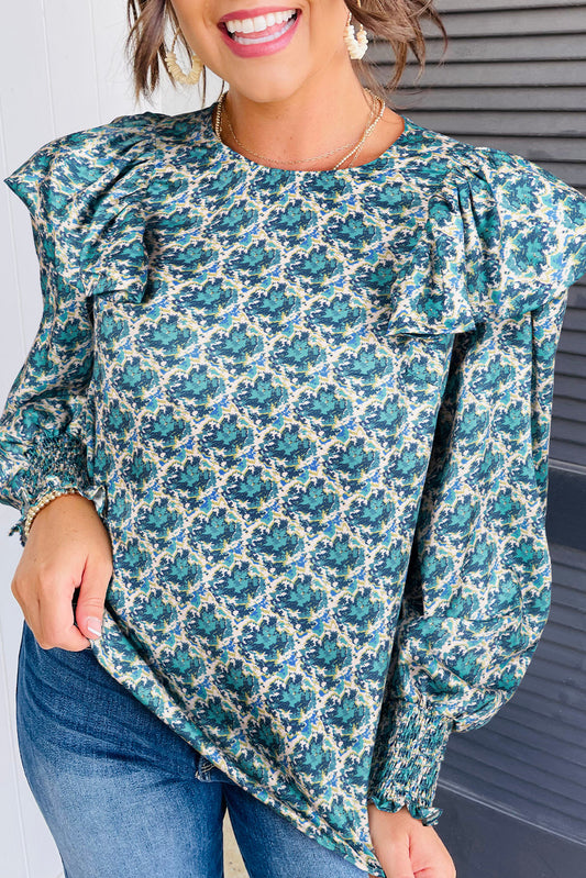 Abstract Print Puff Sleeve Ruffle Blouse Top