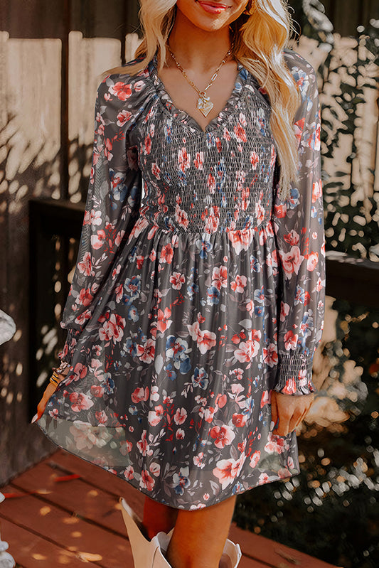 Fall Floral Smocked Bodice Mesh Long Sleeve Mini Dress